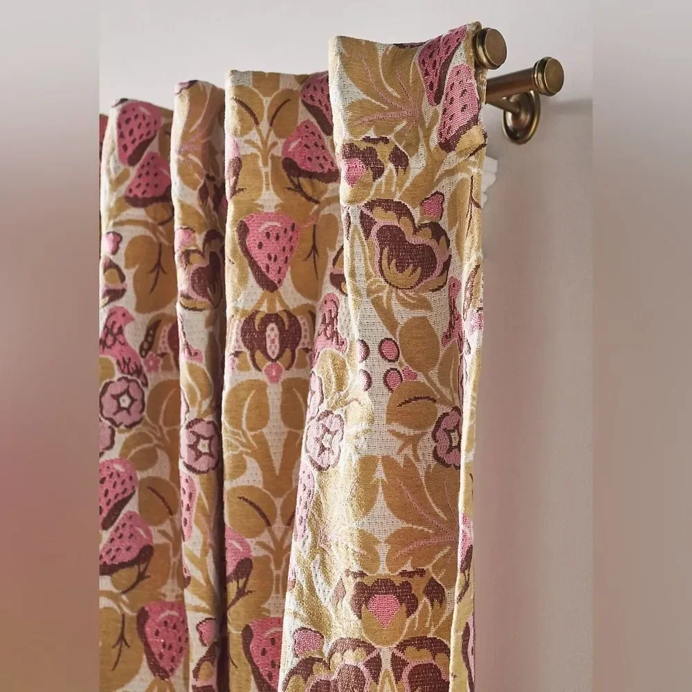 New Anthropologie Cotton Jacquard Strawberry Bird Curtain 50”x 84”Set of Two